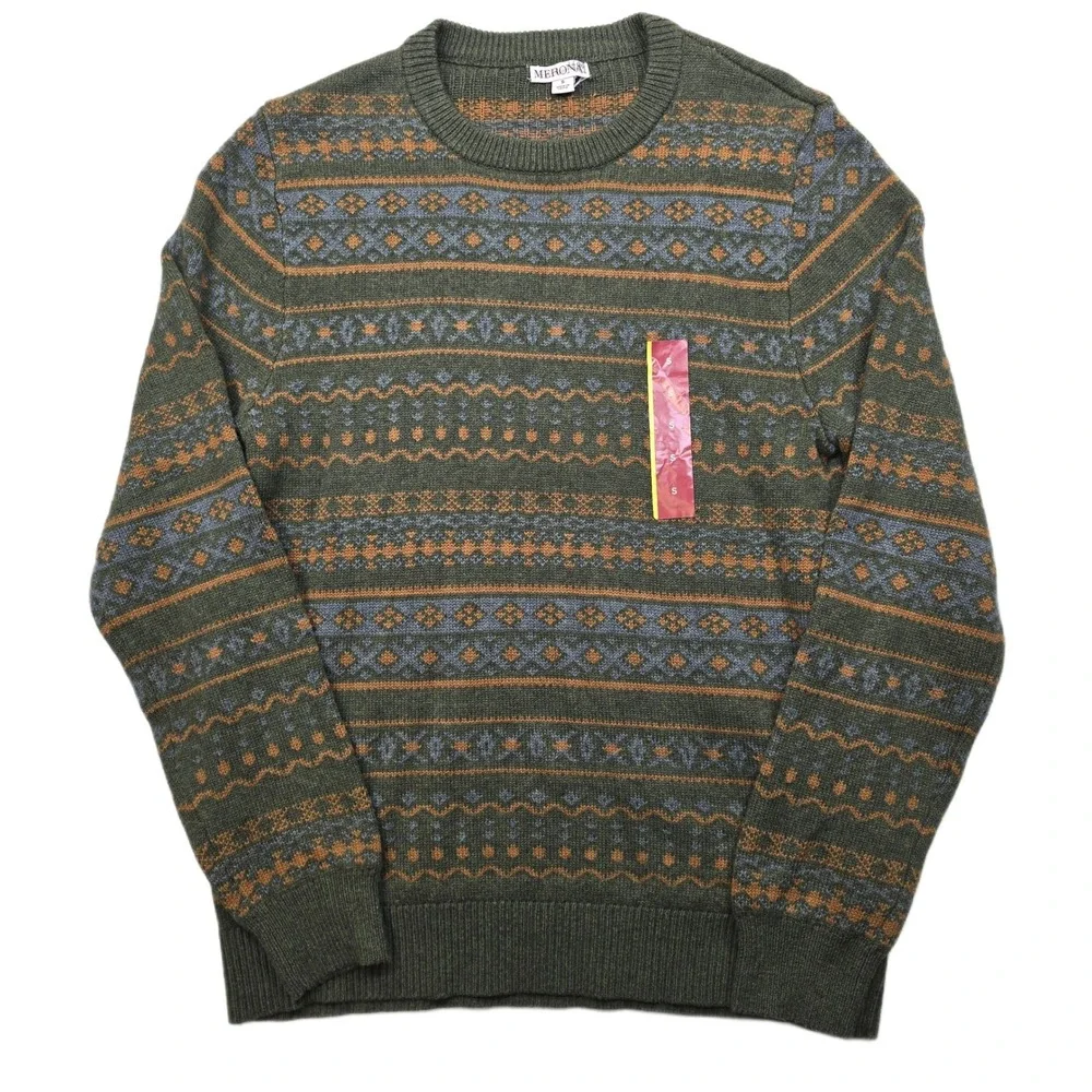 Merona Fair Isle Crewneck Sweater Mens Small Green Orange Blue NEW